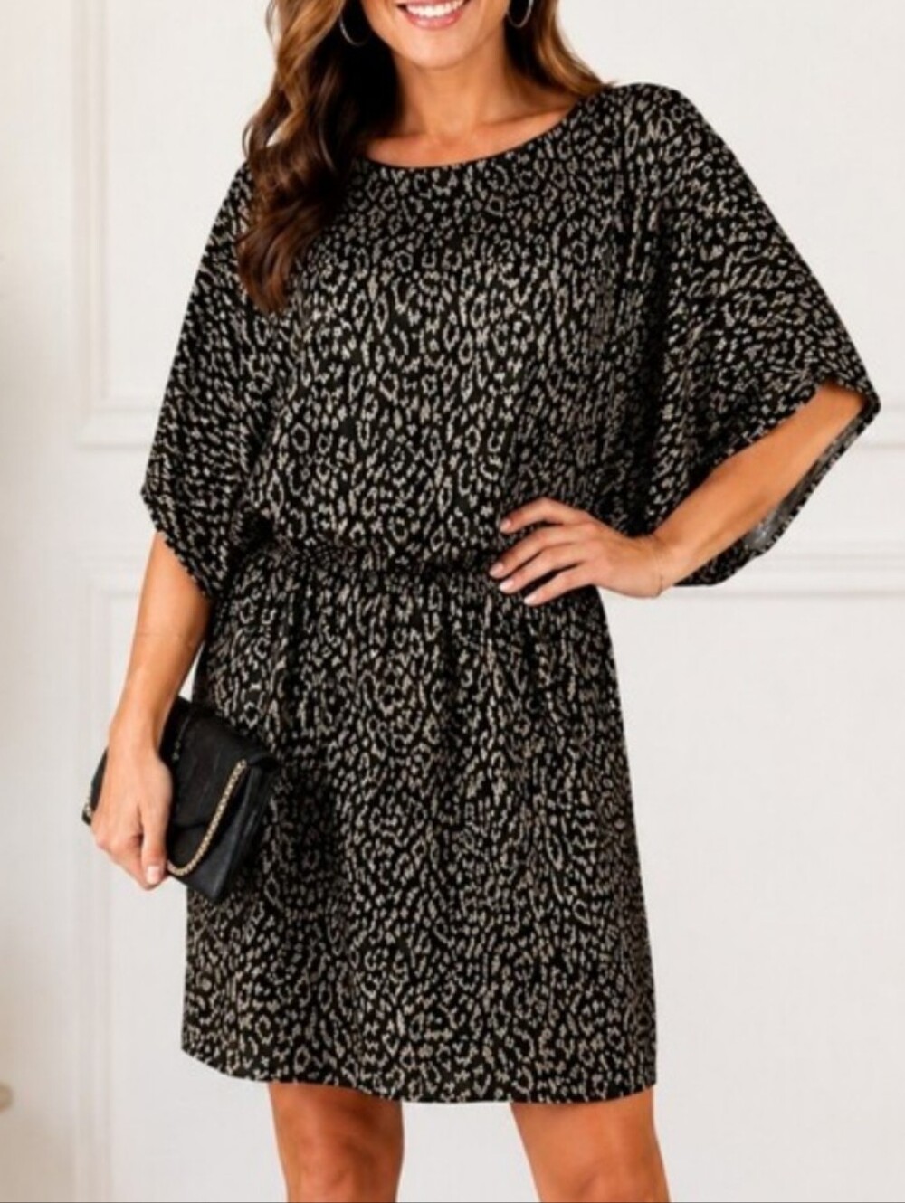 Jessica Howard Blouson Dress Black Metallic Gold Leopard Print Dolman Sleeve 6